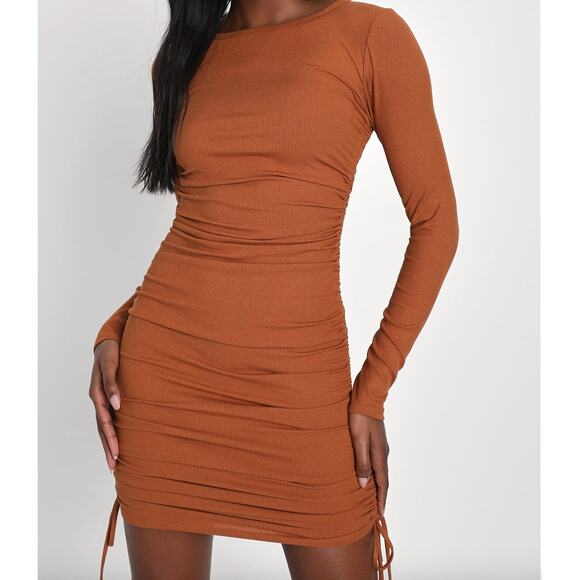 Lulus Rust Orange Ribbed Drawstring Bodycon Mini Dress - Picture 2 of 8